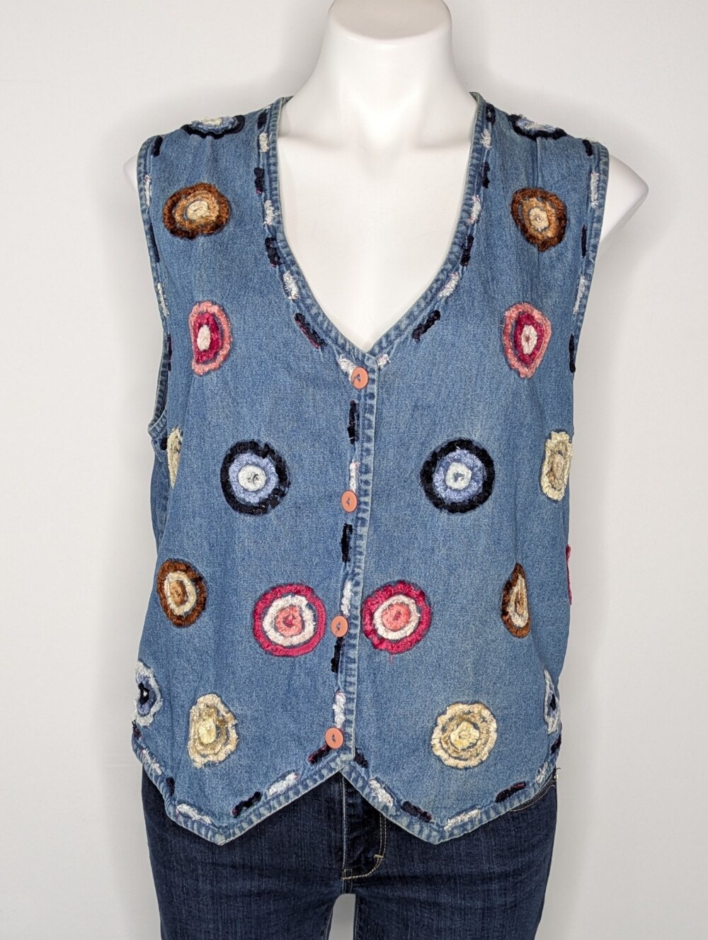Vintage Sara Studio Blue Pink Town Abstract Geometric Fuzzy Circle Vest L